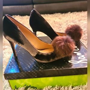 Sam Edelman dark brown velvet pom-pom pumps